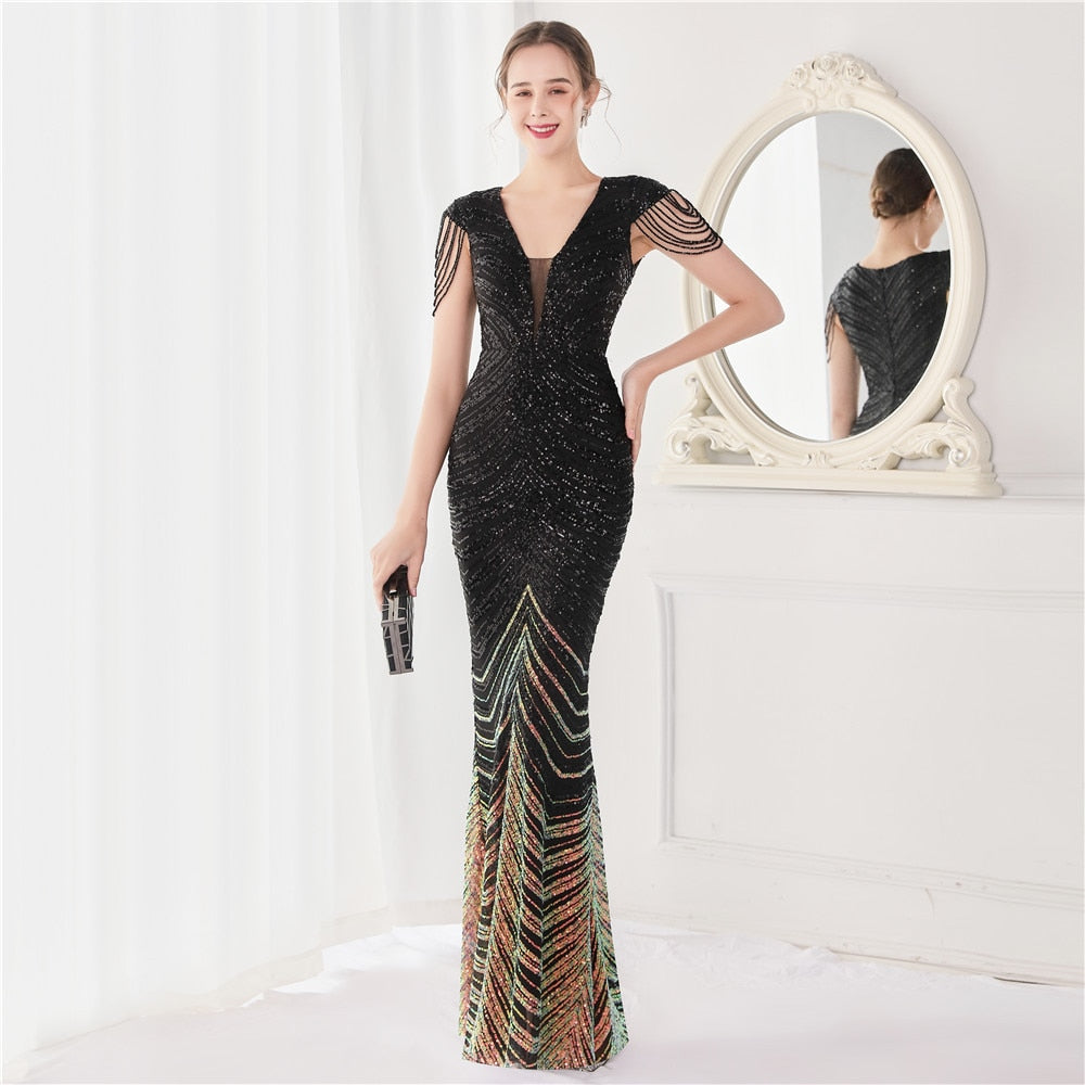 Neck Mermaid Evening Dress Long Luxury Beads Women Party DressesElegant V Neck Mermaid Evening Dress Long Luxury Beads Women Party Dre
