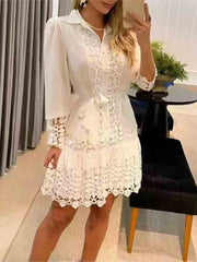 Women's Spring Autumn Dress Hollow Out Floral Solid Color Dress