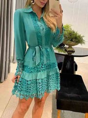 Women's Spring Autumn Dress Hollow Out Floral Solid Color Dress