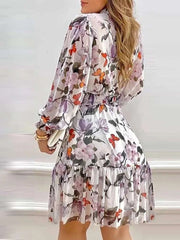 Women's Floral Print Lantern Sleeve Shirred Ruffles Dress
