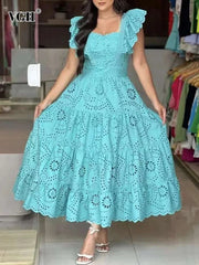 Solid Elegant Slimming Dress Women Square Collar Flying Sleeve Dress