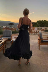 Elegant Ruffle Solid Sling Long Dress