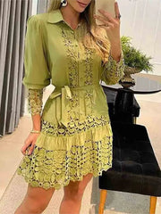 Women's Spring Autumn Dress Hollow Out Floral Solid Color Dress
