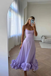Elegant Ruffle Solid Sling Long Dress