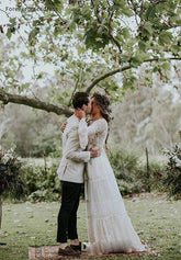 Neck Long Sleeves Full Lace DressBohemian Wedding Dress Elegant Deep V Neck Long Sleeves Full Lace Dres