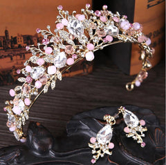 Brides Hair Jewelry Baroque Handmade Beaded Pink Gold Color Crowns - Acapparelstore