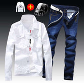 Men's Denim Jacket Pants Single Breasted Holes Casual Suit - Acapparelstore