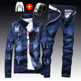 Men's Denim Jacket Pants Single Breasted Holes Casual Suit - Acapparelstore