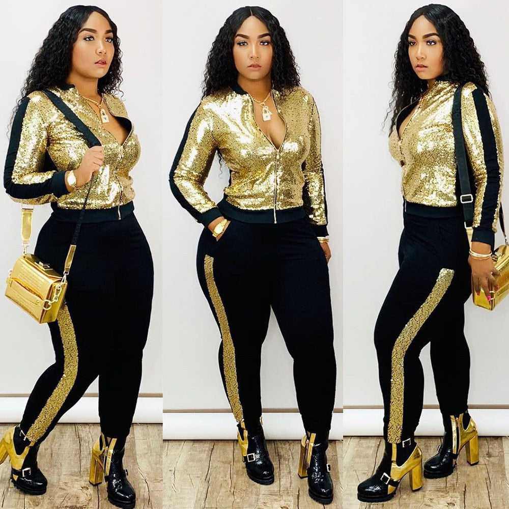 Women's Elegant Autumn Winter Sequin 2 Piece Long Sleeve Outfit - Acapparelstore