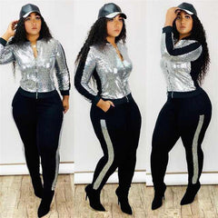 Women's Elegant Autumn Winter Sequin 2 Piece Long Sleeve Outfit - Acapparelstore