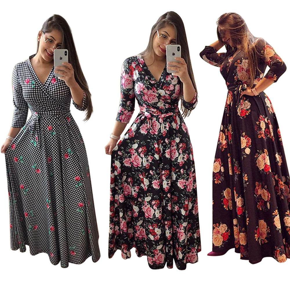 Floral Print Long Dresses SexyWomen's Floral Print Long Dresses Sexy V Neck Pleated Retro Maxi Dress