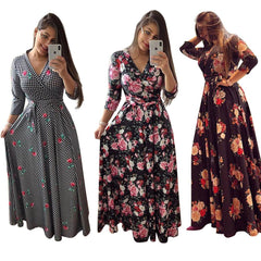 Floral Print Long Dresses SexyWomen's Floral Print Long Dresses Sexy V Neck Pleated Retro Maxi Dress