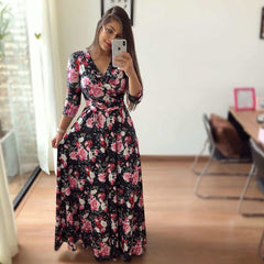 Floral Print Long Dresses SexyWomen's Floral Print Long Dresses Sexy V Neck Pleated Retro Maxi Dress