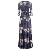 Floral Print Long Dresses SexyWomen's Floral Print Long Dresses Sexy V Neck Pleated Retro Maxi Dress