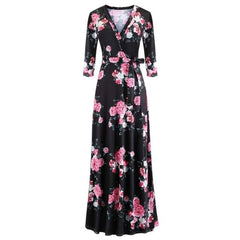 Floral Print Long Dresses SexyWomen's Floral Print Long Dresses Sexy V Neck Pleated Retro Maxi Dress