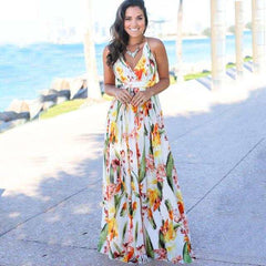 Elegant Long Sexy Beach Dress Women New High Waist Sleeveless V Neck Dress - Acapparelstore