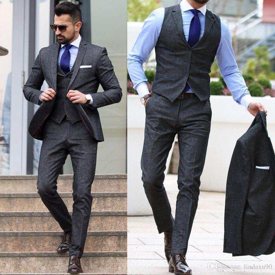 Tweed Dark Gray 3 Piece Suits Formal Slim Tuxedos Vintage Tailored FitMen's Tweed Dark Gray 3 Piece Suits Formal Slim Tuxedos Vintage Tailor
