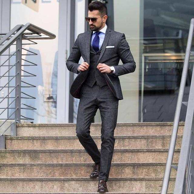 Tweed Dark Gray 3 Piece Suits Formal Slim Tuxedos Vintage Tailored FitMen&