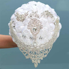 White Wedding Bride Holding Flowers Artificial Bouquet Ribbon Rhinestone Pearl - Acapparelstore