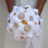 White Wedding Bride Holding Flowers Artificial Bouquet Ribbon Rhinestone Pearl - Acapparelstore