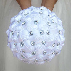 White Wedding Bride Holding Flowers Artificial Bouquet Ribbon Rhinestone Pearl - Acapparelstore