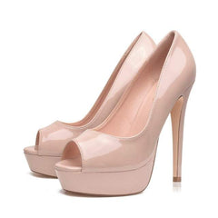 Women Pumps PU Slip On Shoes 14CM Thin Heels Peep Toe Leather Shoes - Acapparelstore