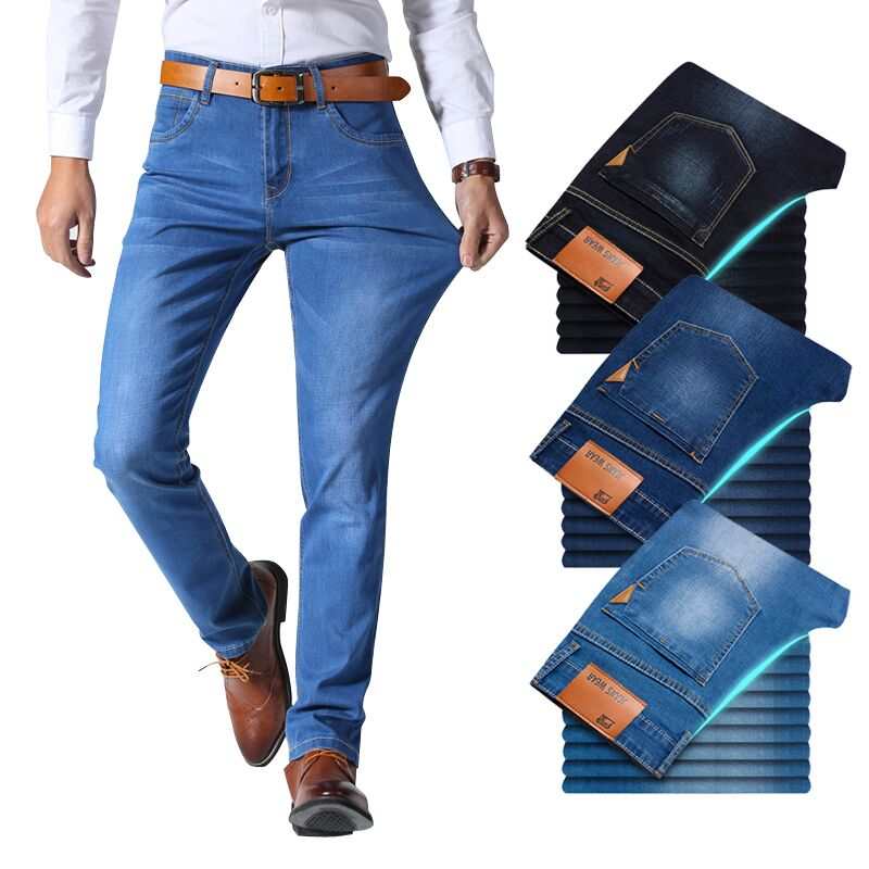 Classic style Men's Jeans-Business Casual Stretch Slim Denim Light Blue Black Trousers - Acapparelstore