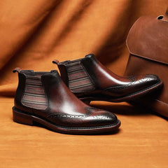 Men's Winter Boots Genuine Cow Leather Chelsea Boots Brogue Ankle Flat Shoes - Acapparelstore