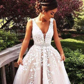 Beautiful Prom Wedding Dresses Long A-line V neck Applique Prom Dress - Acapparelstore