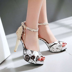 Women Summer Flower Print Shoes Fish Mouth High Heel Lady'Women Summer Flower Print Shoes Fish Mouth High Heel Lady's Wedding sa