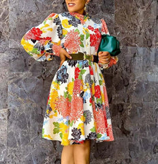 Women's Floral Vintage Dress Long Lantern Sleeves A-Line Dresses - Acapparelstore