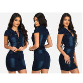 Women's Sexy Turndown Collar Cotton Bodycon Dress Summer Jeans - Acapparelstore