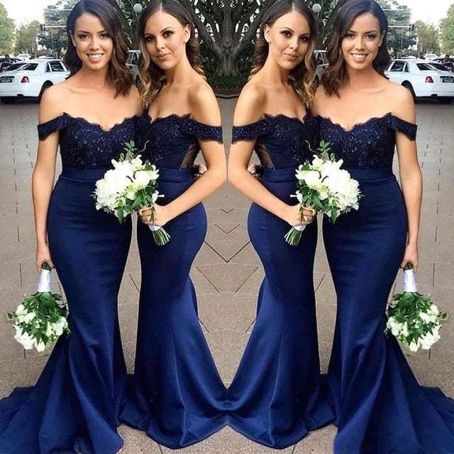 Shoulder Chiffon Satin Applique Beads DressesNavy Blue Bridesmaid Dress Off Shoulder Chiffon Satin Applique Beads D