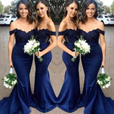 Shoulder Chiffon Satin Applique Beads DressesNavy Blue Bridesmaid Dress Off Shoulder Chiffon Satin Applique Beads D