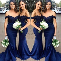 Shoulder Chiffon Satin Applique Beads DressesNavy Blue Bridesmaid Dress Off Shoulder Chiffon Satin Applique Beads D