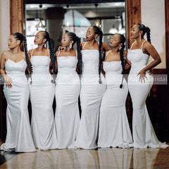 Spaghetti Strap White Bridesmaid Dresses Simply Stretchy Satin Dresses - Acapparelstore