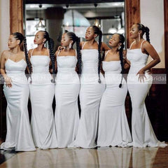 Spaghetti Strap White Bridesmaid Dresses Simply Stretchy Satin Dresses - Acapparelstore