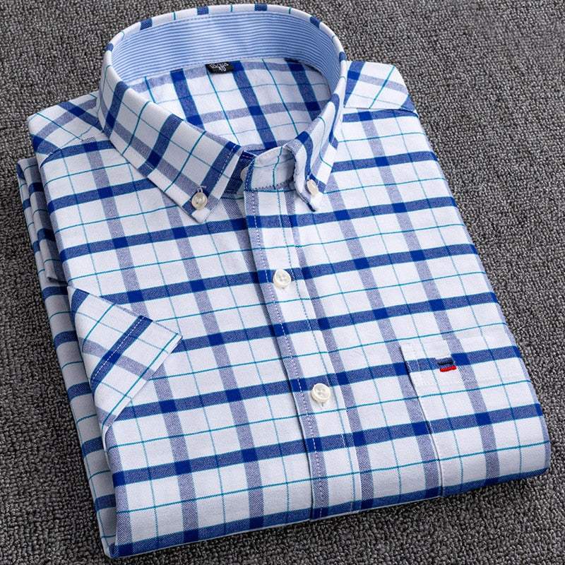 Men's Short Sleeve Shirts Oxford Plaid Striped Casual Dress Shirts - Acapparelstore