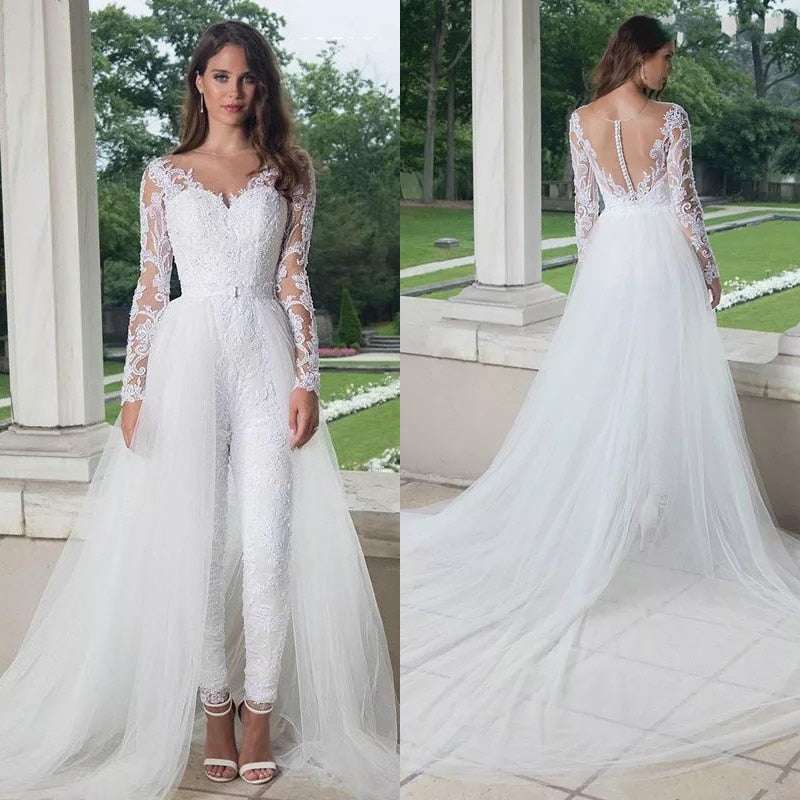 Elegant Long Sleeve Jumpsuit Wedding Dresses With Detachable Train - Acapparelstore
