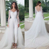 Elegant Long Sleeve Jumpsuit Wedding Dresses With Detachable Train - Acapparelstore