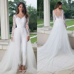 Elegant Long Sleeve Jumpsuit Wedding Dresses With Detachable Train - Acapparelstore