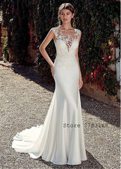 Scoop Short Sleeves Lace Appliques Mermaid Wedding Dresses - Acapparelstore