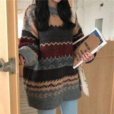 Warm Winter Sweater Knit Jumpers Loose Striped SweaterWomen&