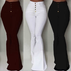 White Bell Bottom Jeans Women Autumn Fashion Button High Waist Jeans - Acapparelstore