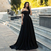 -Line Satin Evening DressesElegant A-Line Satin Evening Dresses Off Shoulder Sweetheart Gown