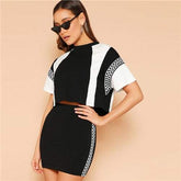 White Plaid PanelWomen Black and White Plaid Panel Two-tone Top And Skirt Set