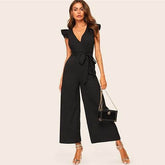 Elegant Surplice Wrap Belted Wide Leg Black JumpsuitWomen's Elegant Surplice Wrap Belted Wide Leg Black Jumpsuit