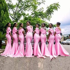 Pink Bridesmaid Dresses Long Mermaid Beads Off Shoulder Party Gowns - Acapparelstore