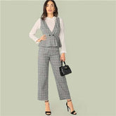 Women Classy Grey Double Button Wrap Peplum Plaid Top Without Blouse and Pants Set - Acapparelstore