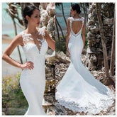 Beautiful Sleeveless Wedding Dress Lace Appliqued Illusion Boho Dress - Acapparelstore